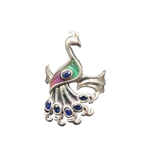 Sterling Silver 925 pink green enamel peacock ring with six oval blue sapphires - Picture 2 of 10